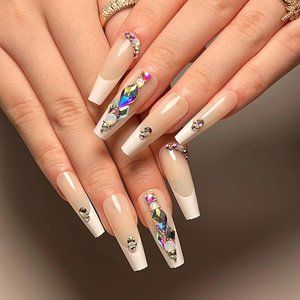 Coffin Press on Nails White French With Rhinestone
